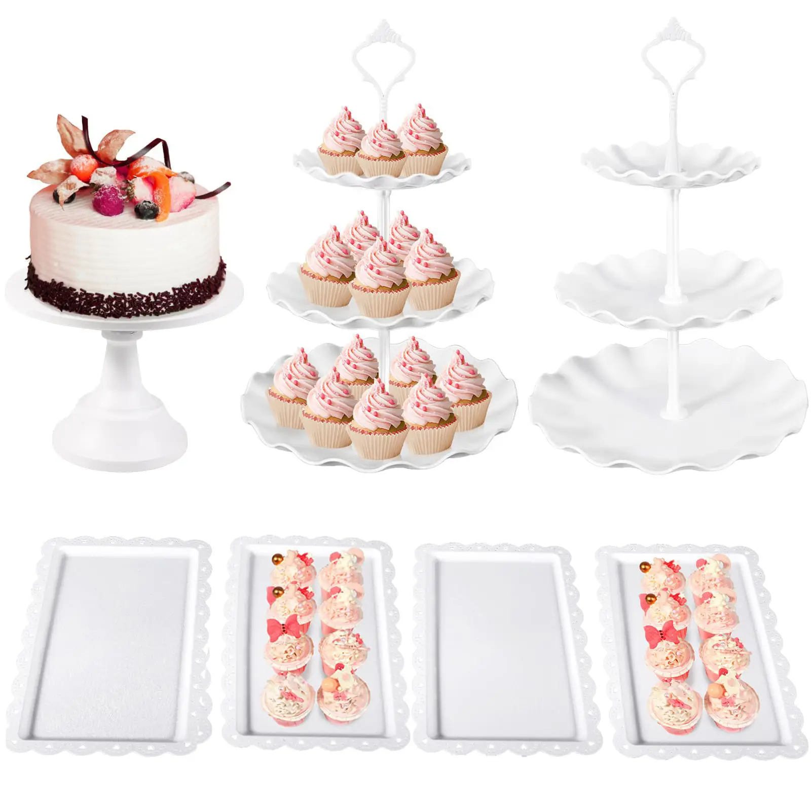 Versatile Multi-Tier Cupcake Stand Set Dessert Display Set 7Pcs Dessert Table Stand Set 2Pcs 3-Tier Plastic Cake Stands 1Pc Display Tower for Party Se