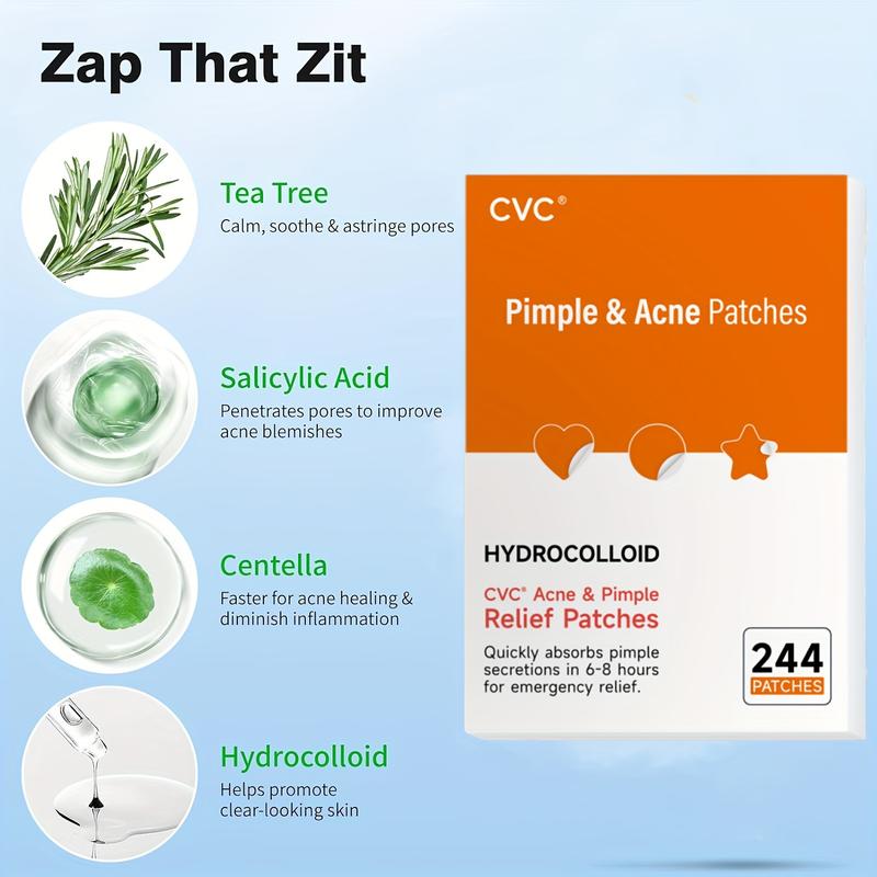 Two boxes of 240-count acne patches, hydrogel acne patches, cute star-shaped acne patches, tea tree essential oil, salicylic acid, centella asiatica oil complex formula, colorful acne patches