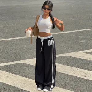 AIbart Women’s spring/summer loose long sports pants featuring numeric print, belt detailing, patchwork design, casual street retro style fathersdaygift