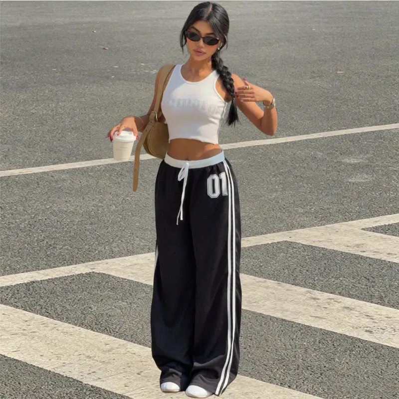 AIbart Women's Retro Streetwear Bottoms - Oversized Loose Casual Fashion Pants with Numeric Print, Patchwork, Belt Detail
