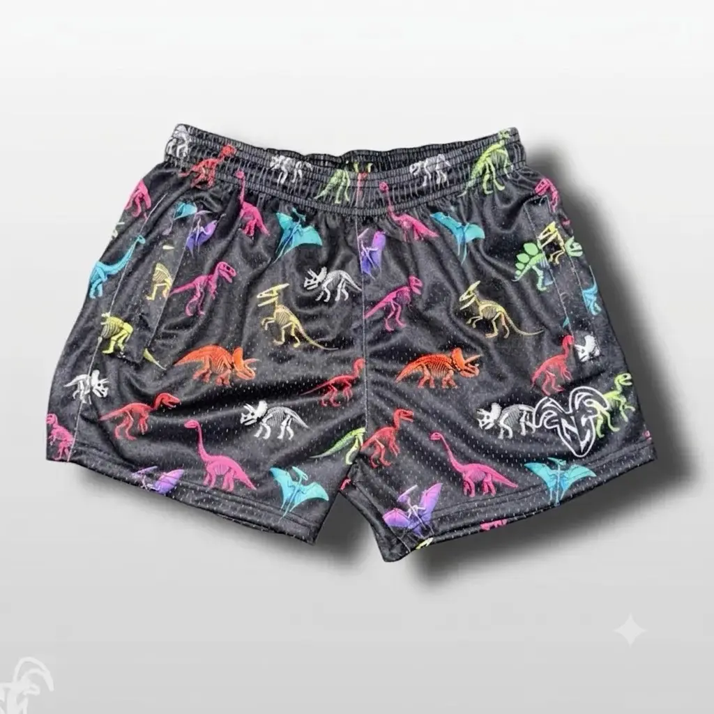 Dinosaur Mesh Shorts Men, Colorful Dino Skeleton Gym Shorts, Y2K Streetwear Fashion, 5 Inch Inseam Workout Shorts