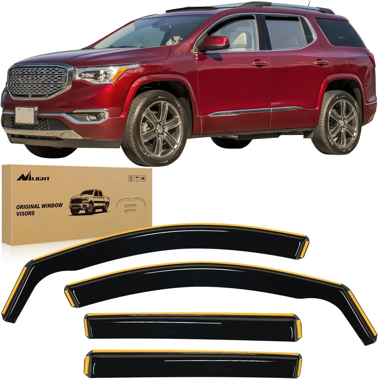 Nilight 4 Pcs Acrylic Rain Guards - UV Ray Visors, Chrome Trim Vent Window Replacements, Anti-Fog Double Fixation Self-Adhesive All-Weather Car Accessories with 12 Clips, 78inch Double-Sided Tape, 1pc Crowbar Compatible with GMC Terrain 2018-2024, 4 Pcs R