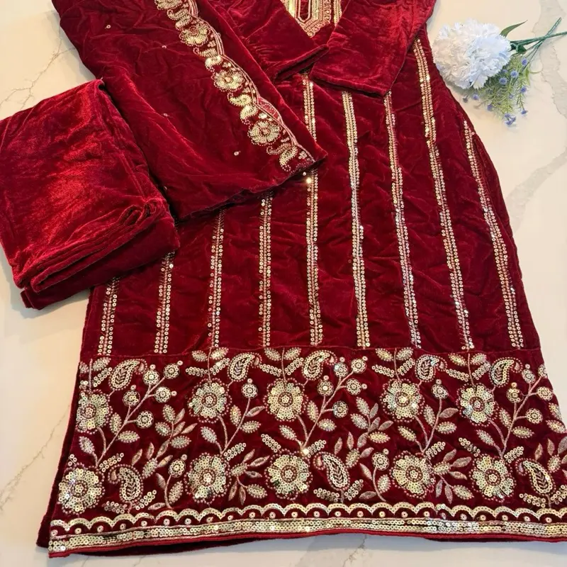 Indian Pakistani Traditional Velvet Dress with Intricate Embroidery, Red Color, Long Sleeves, and Decorative Trim