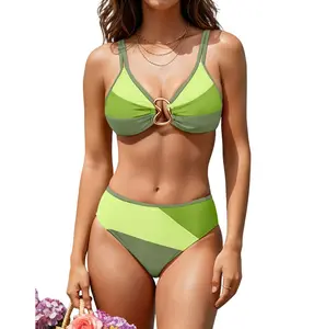 BMJL Women's Sexy Neon Bikini Set Triangle Mid Rise Two Piece Swimsuit Gold Metal Ring Curvy Bathing Suit