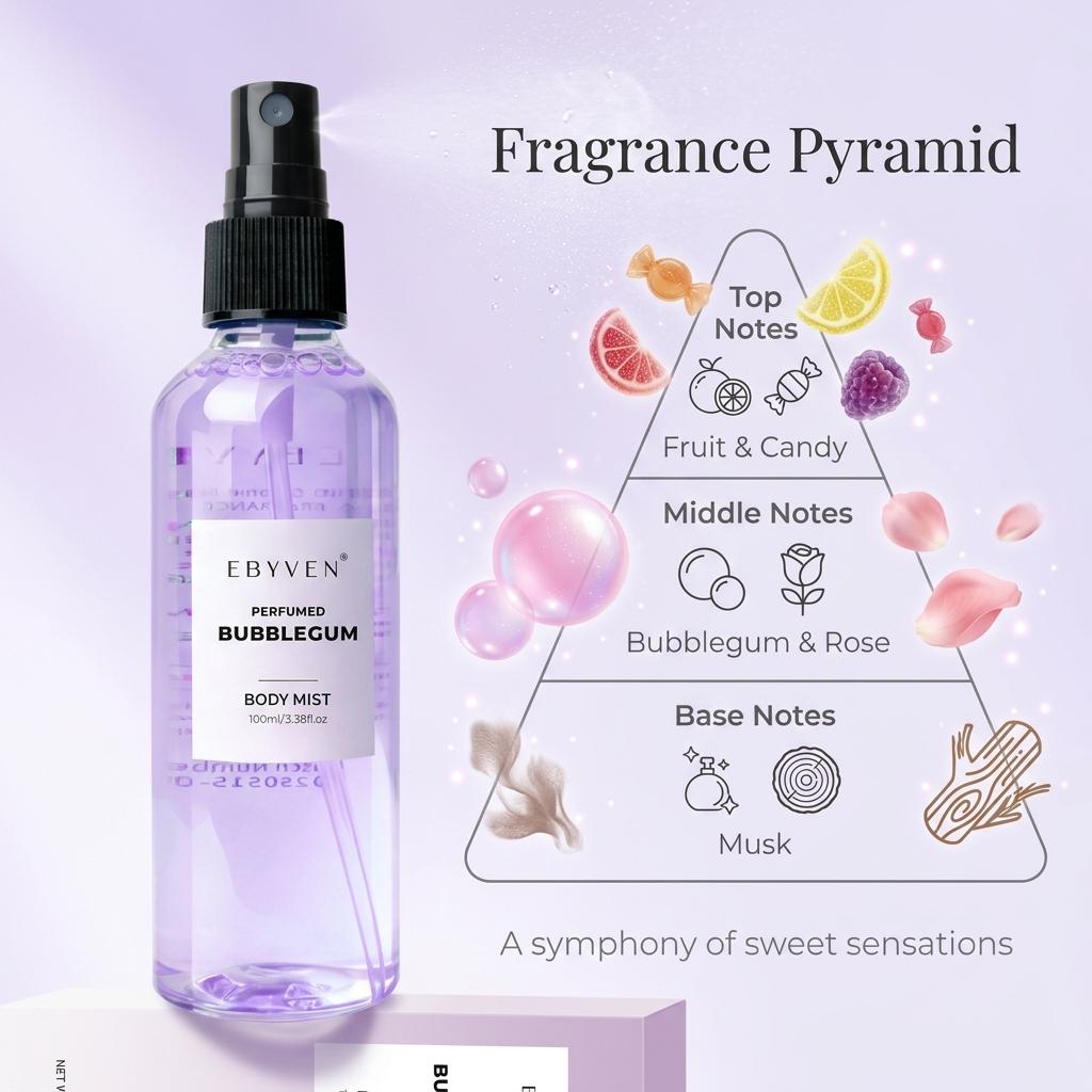 EBYVEN Bubblegum Hair & Body Fragrance Mist - Unisex Bubble Gum Perfume, Fruit-Candy-Rose-Musk Scent, Aromatic Fruity Liquid, Alcohol-Free Beauty Product, Contains Neither Alcohol, Up to 2.9 fl. oz. (100ml/3.3oz or 85ml), Single Item for Adults