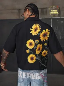 Men’s Black Faux Sunflower Embroidery Cuban Collar Shirt, Oversized Streetwear Short Sleeve Button-Up with textured print details, edgy yet fresh, perfect for casual outings, summer dates, and street-style outfits that turn heads effortlessly