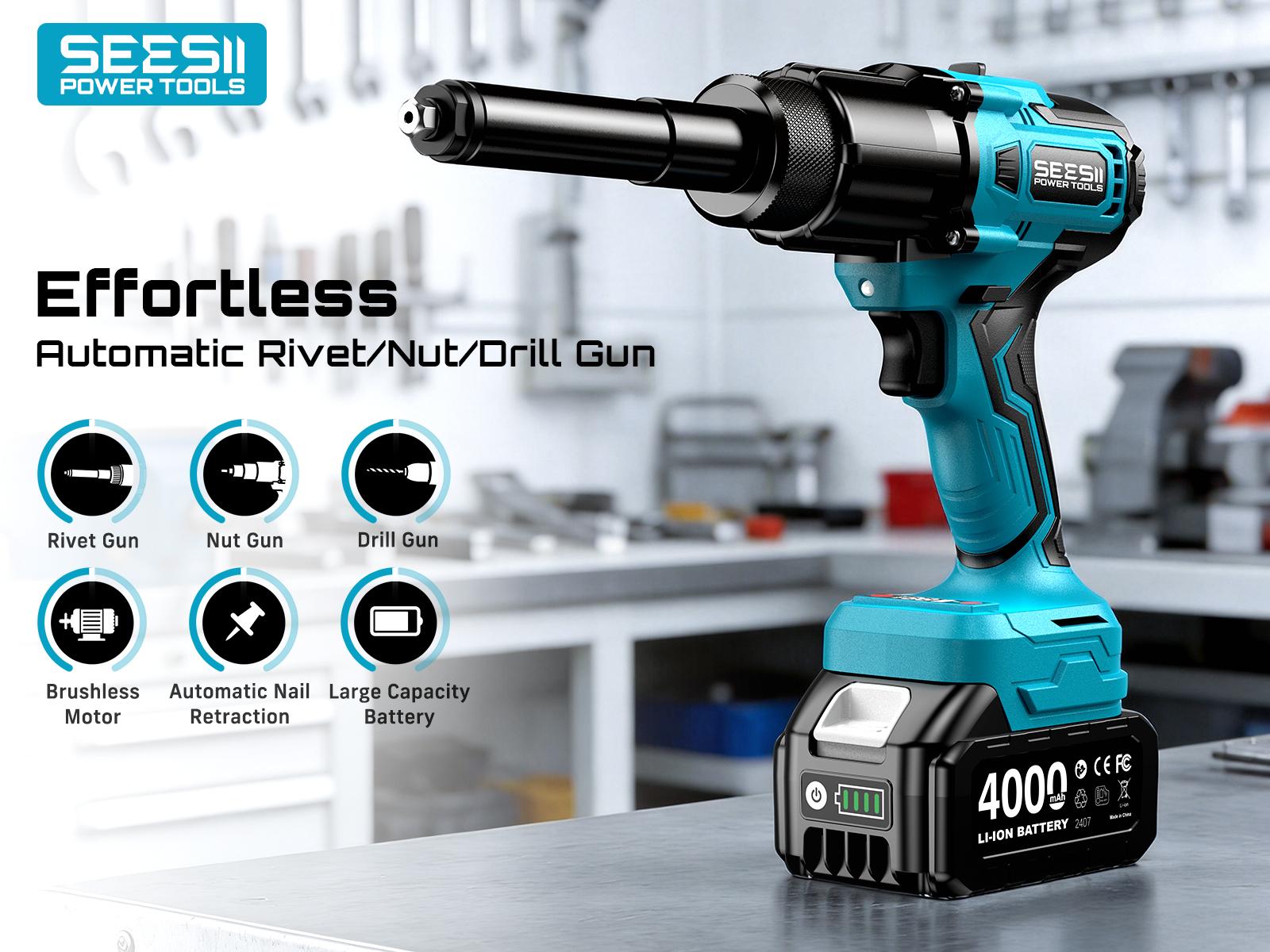 2-in-1 Cordless Electric Rivet/Nut Gun Tool for Nutsert(10-24" & 1/4" & 5/16" & 3/8"),Rivets(1/8'', 5/32'', 3/16"), Portable Battery Powered Pop Rivet/Nut Gun, Auto/Manual Rivet, Two Memory Modes