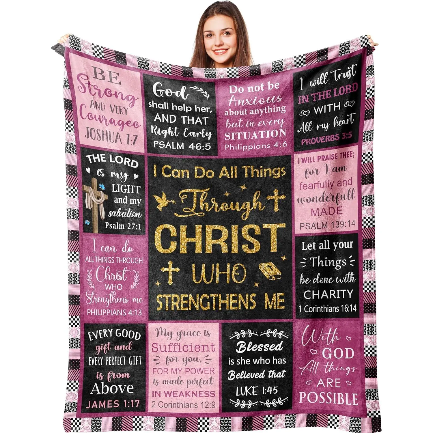 Christian Religious Polyester Flannel Blanket (60x80 in) - 1-Side Full Letters Print, Plain White Back, Heat-Retentive, Durable, Machine Washable, All Seasons, Excellent Heat Preservation, Home Indoor Use, Baptism Gift for Adults, 100% Polyester