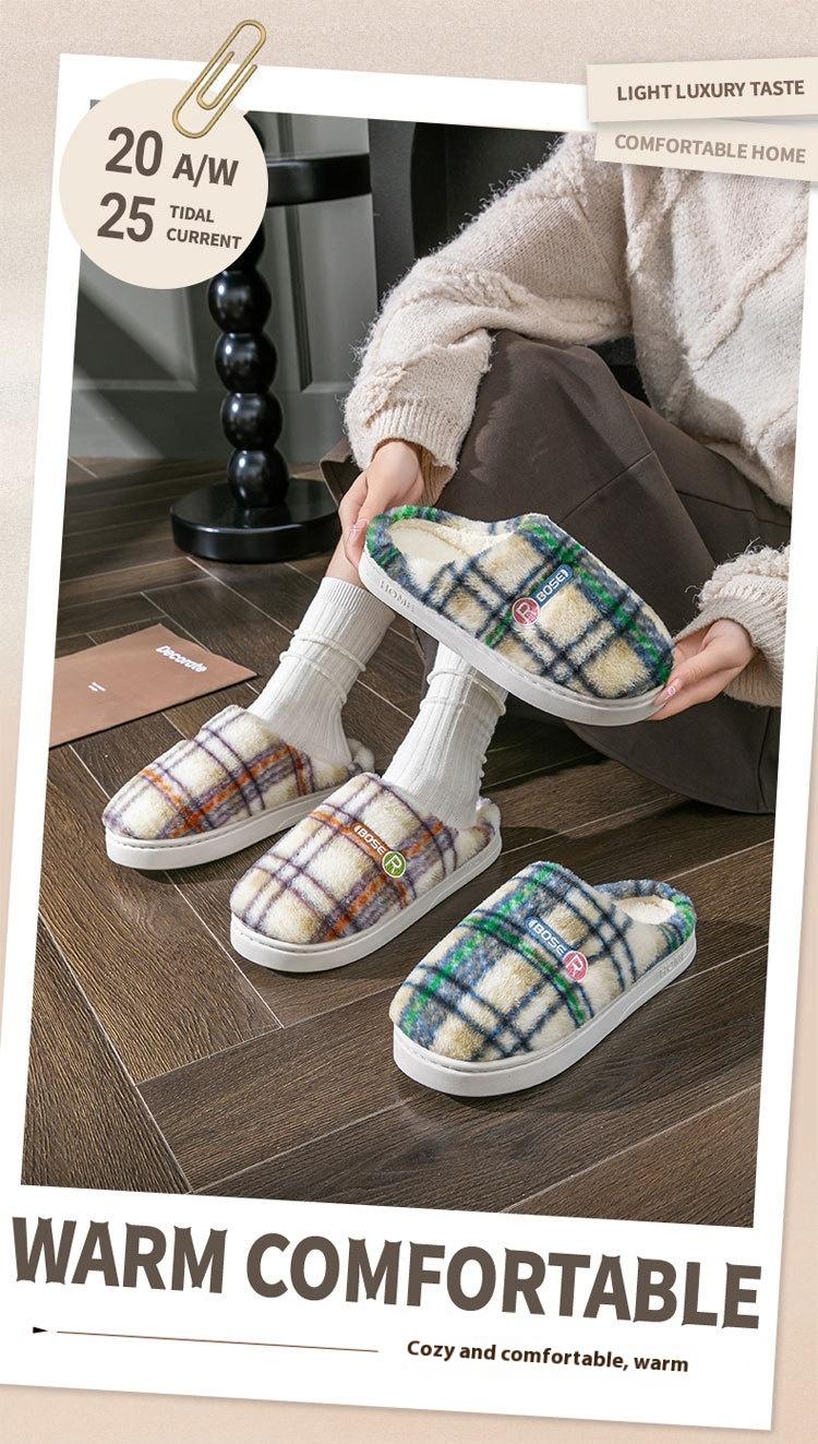 Women's Home Plush Warm Non-slip Plaid Cotton Shoes
