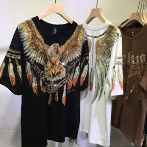 Plus Size Heavy-duty Rhinestone Harley Eagle Double-sided Shiny T-shirt Wings Feather High-end Couple Top
