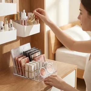 2Pcs No-Drill Adhesive Wall Mounted Cosmetic Storage Box + Clear Acrylic Eyeshadow Palette Organizer Set, Space-Saving Waterproof Vanity Organizer for Bathroom & Dresser, Holds Skincare, Makeup & Beauty Essentials