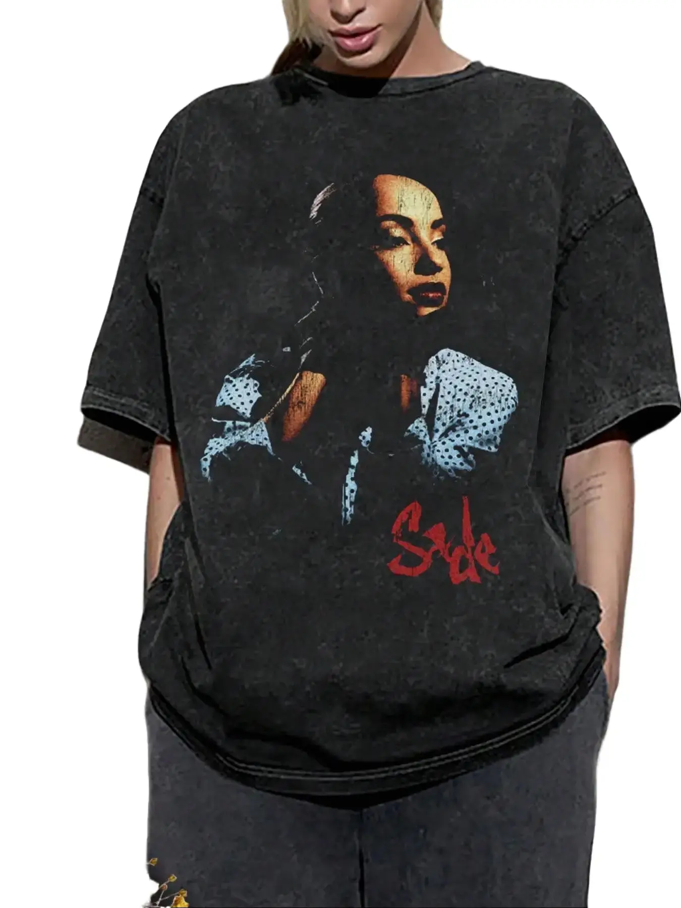 Pre-Washed Distressed Sade Helene Folasade Adu Retro Portrait Graphic T-Shirt, Vintage Nostalgic Loose Fit Streetwear Tee For Music Fans, Machine Washable Comfort Cotton Casual Top, Perfect Daily Commute Dating Holiday Gift For Men Women