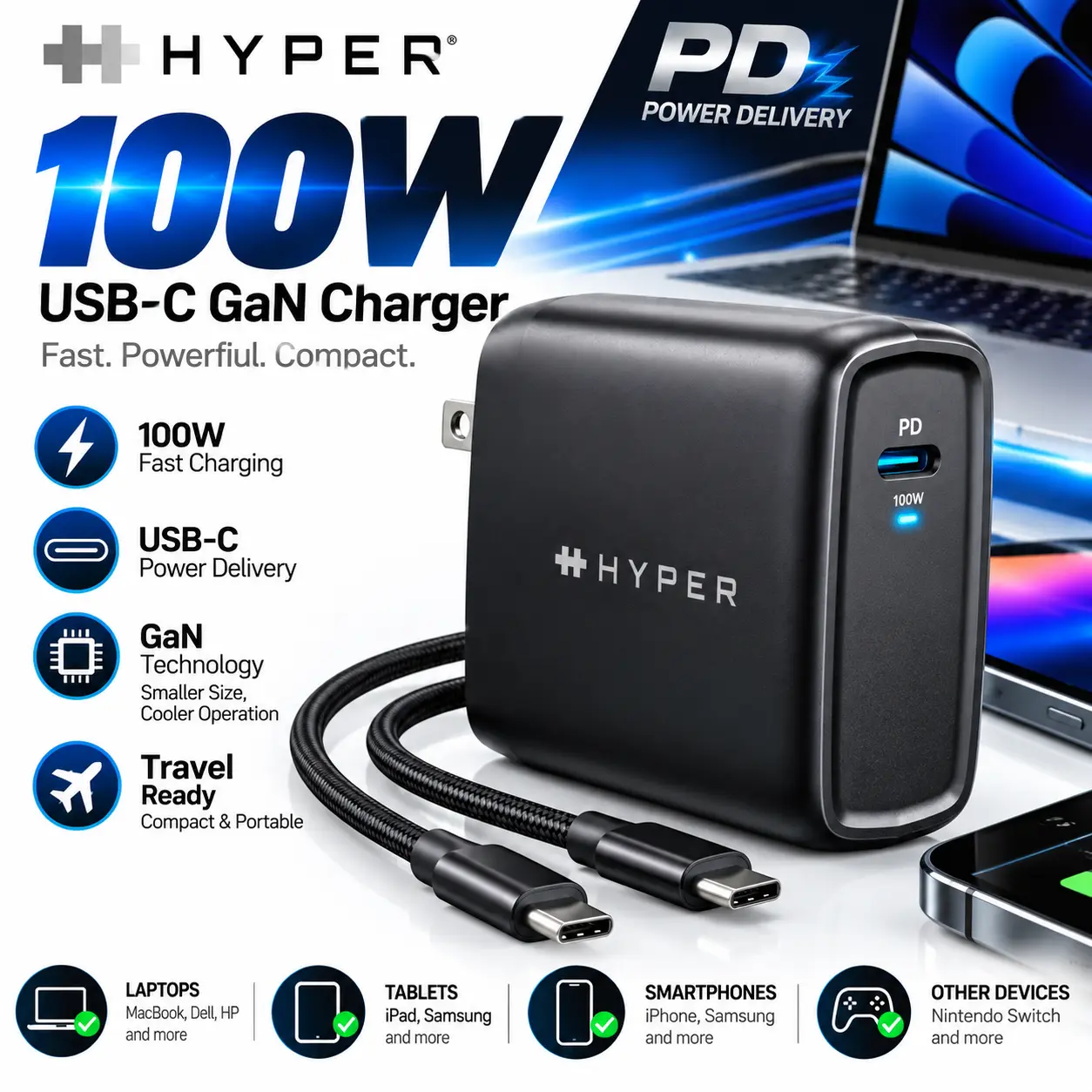 Hyper 100W PD Fast Charger with USB-C Cable for Quick Charging and Efficient Power Delivery