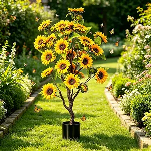 Faux Plants4 ft artificial sunflower tree-UV-proof artificial flower tree, potted design, suitable for indoor and outdoor home decoration, no need to water, realistic yellow flowers, suitable for porches, terraces, gardens and living rooms.
