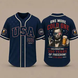 One More Cold One USA 250 Baseball Jersey, Patriotic Abrah@m Linc0ln Beer Shirt, 4th Of July USA Freedom Outfit for Men Women