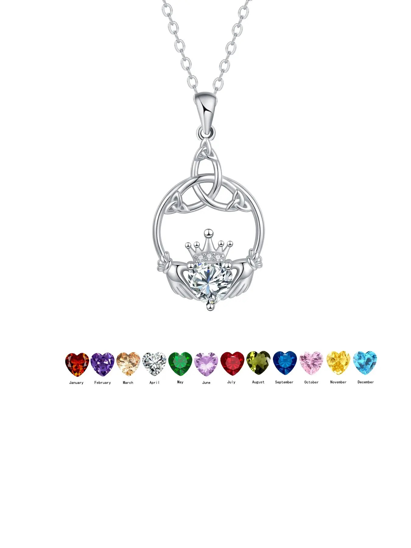 Women's Birthstone Necklace, Irish Claddagh Heart Pendant, Anniversary Birthday Gift, Metal Plated Gold Chain, Includes Gift Box