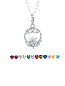 Women's Birthstone Necklace, Irish Claddagh Heart Pendant, Anniversary Birthday Gift, Metal Plated Gold Chain, Includes Gift Box