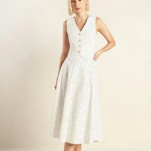 Polka Dot Set Midi Skirt & Vest - White, Button Front, Comfortable Top, Ideal for Womenswear, Suits, and Comfortable Clothes