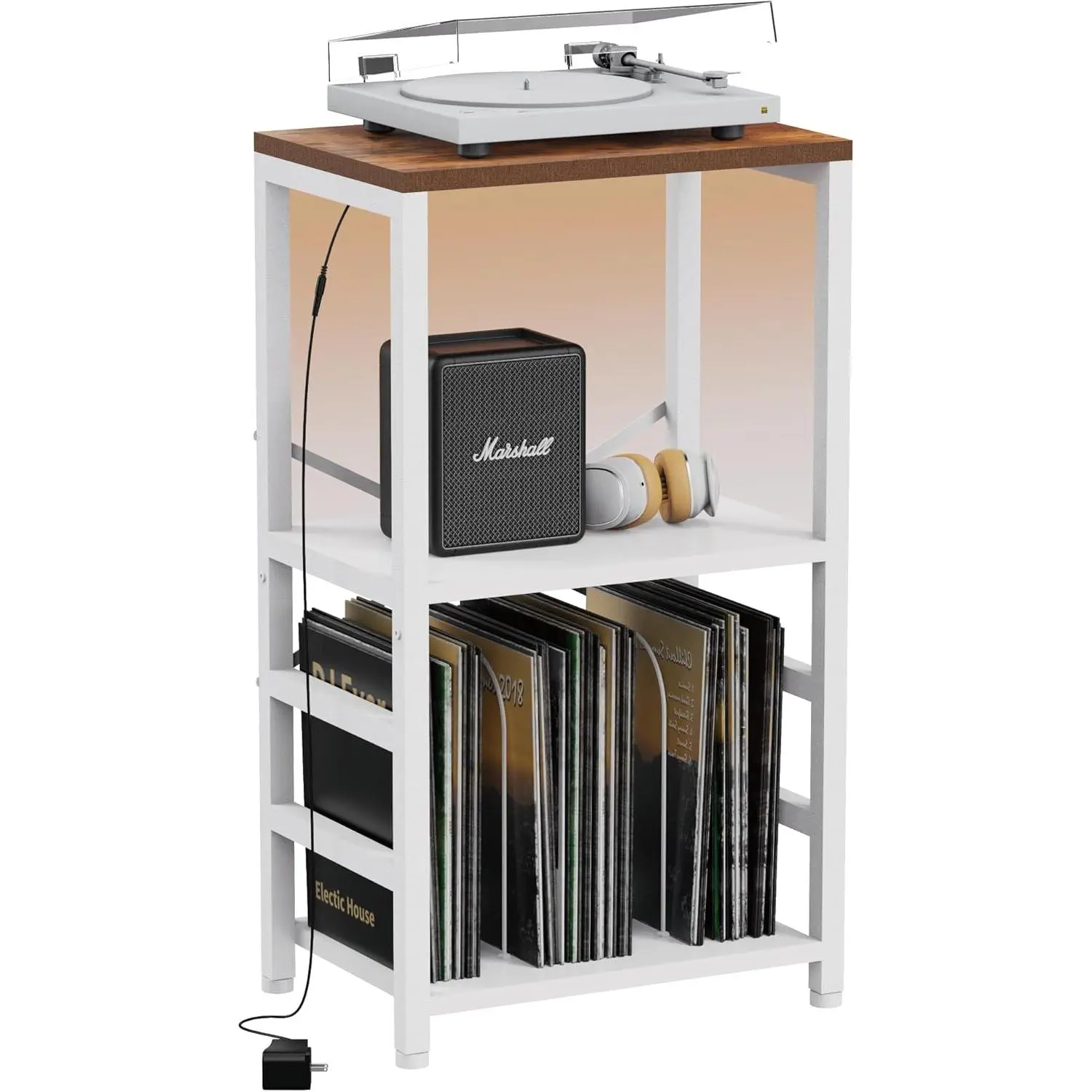 White LED Light End Table - Turntable Stand with Remote Control, 20 RGB LED Colors, Vinyl Record Holder, Album Storage for Living Room, Music Room (Assembly Required)