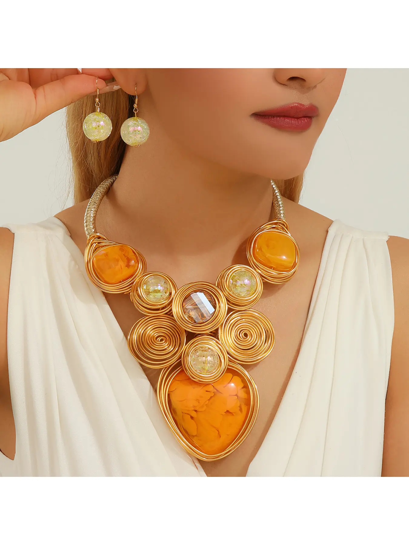 Bohemian Boho Fashion Statement Jade Heart Pendant Handmade Resin Jewelry Set Necklace Earrings