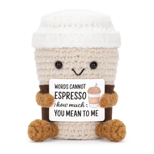 Positive Coffee Plush Doll Crochet Figure Funny Handmade Crochet Cup with Uplifting Card, Unique Gifts for Coffee Lovers Women Friends Birthday Graduation