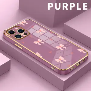 Electroplated Golden Edge TPU Phone Case for iPhone 15 Plus 16 Pro Max 14 13 12 11 mini XS XR Bow Dream Pattern Drop Protection Shockproof Soft Silicone Smartphone Cover