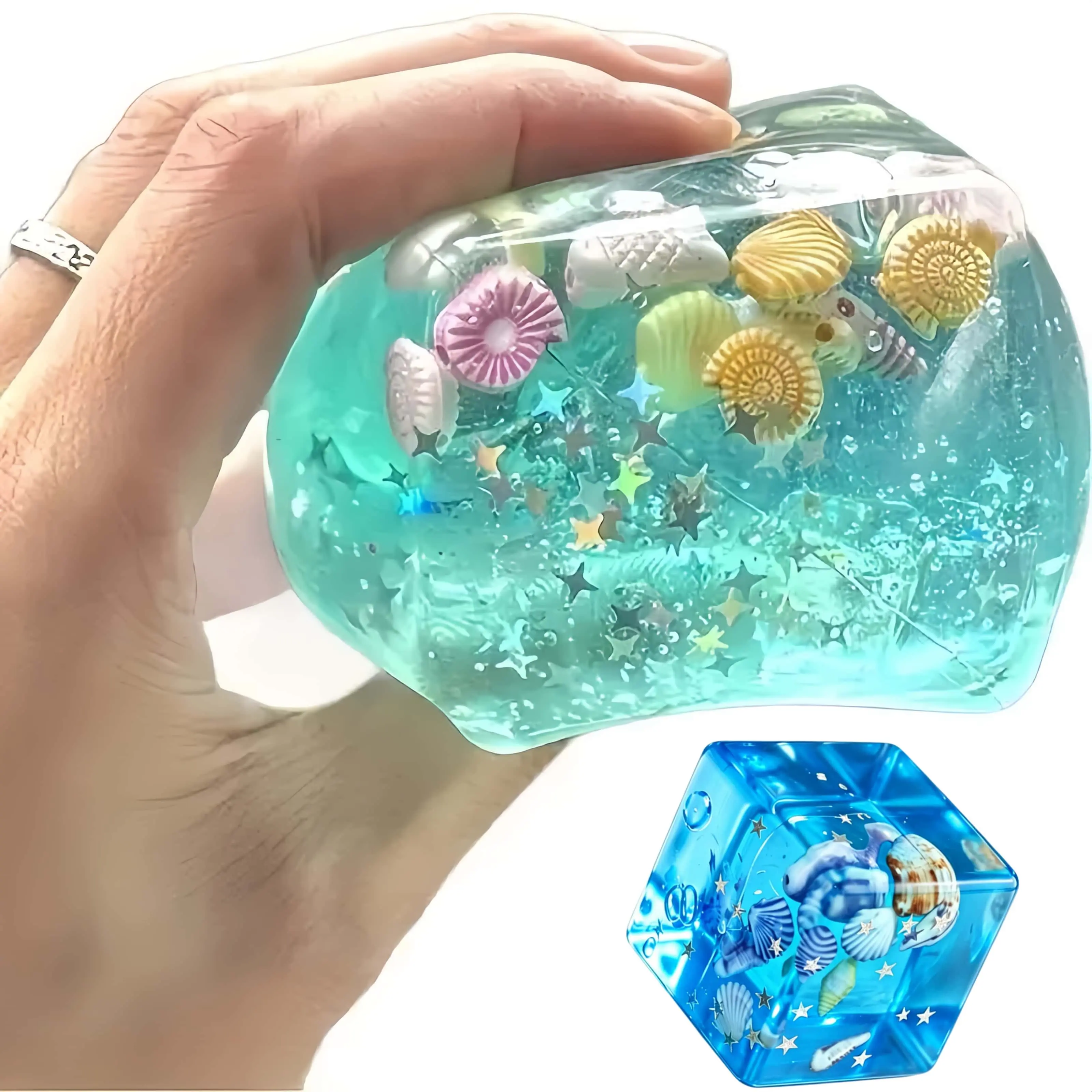 5.5cm Square Gel Ice Cube Squeeze Toy, Slow Bounce Maltose Ice Ball Stress Relief, Portable Office Venting Decompression Toy Ocean Shell Stress Relief Toy, Realistic Rubik's Cube Squeeze Toy,  Birthday Gift-MM