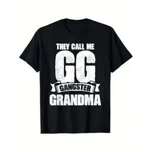 Black Cotton "They Call Me Gangster Grandma" Graphic T-Shirt with Combed Design, Short Sleeve, Round Neck