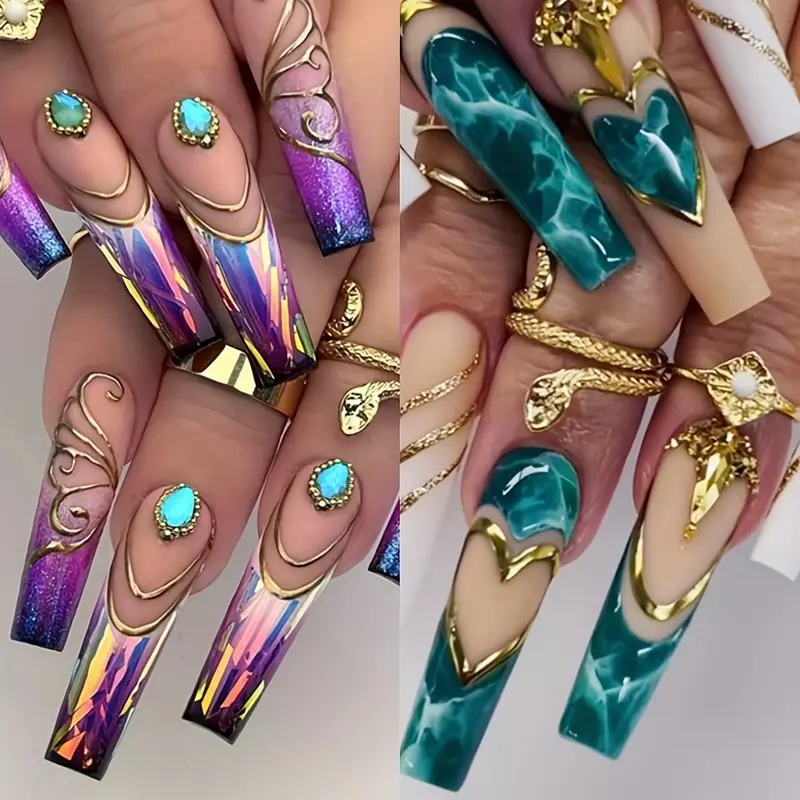 48PCS Long Coffin Press On Nails Acrylic French False Nails with 3D Flower Rhinestone And Cute Heart Design, Handmade Mixed Glossy Fake Nails Set With Adhesive Tape Nail File For Women