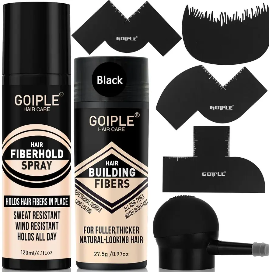 Goiple 4-in-1 Hair Fiber Styling Set with Pump Applicator Volumizing Spray and Hairline Template for Reusable Beard Enhancement Barber Tools