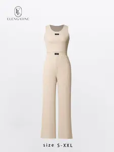 Elengatine Women Two Piece Outfit Set, Ribbed Crop Tank Top with High Waisted Wide Leg Pants, Soft Stretchy Matching Lounge Set, Relaxed Fit Casual Tracksuit for Daily Wear, Summer Vacation, Home, Travel & Minimalist Street Style ODM0086 suit ODT0117