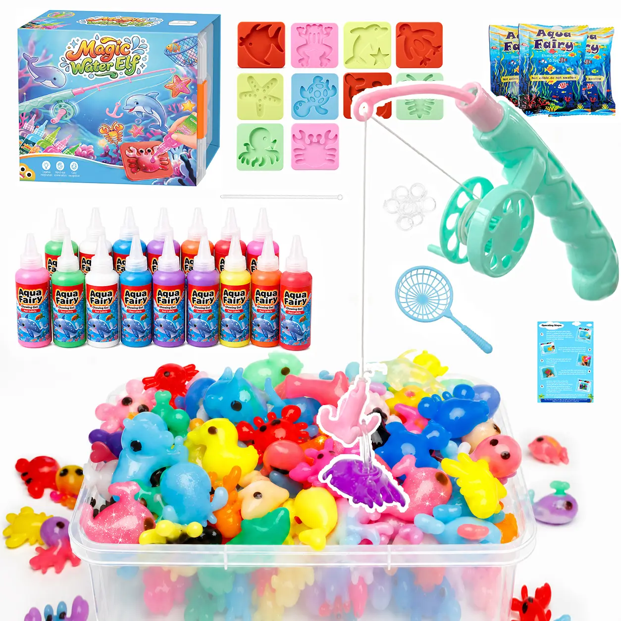 CandyYoYo Magic Water Elf Kit with Fishing Game, Aqua Fairy Gel Mold DIY Handmade Water Pet Maker, Squishy Maker, Summer DIY Mochi Maker,STEM Sensory Craft Toy, Birthday & Holiday Gifts for Kids