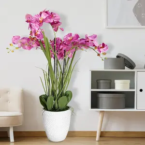 Artificial Orchid in Pot, Real Touch Phalaenopsis Orchid, Resin Basin, 48-Inch with 5 Branch, Faux Fuchsia Orchid