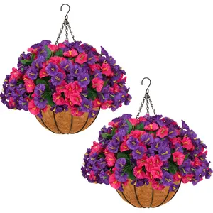 2 Pcs Artificial Morning Glory Hanging Baskets UV Resistant Faux Flower Baskets for Spring Summer Outdoor Porch Patio Balcony Garden Decor