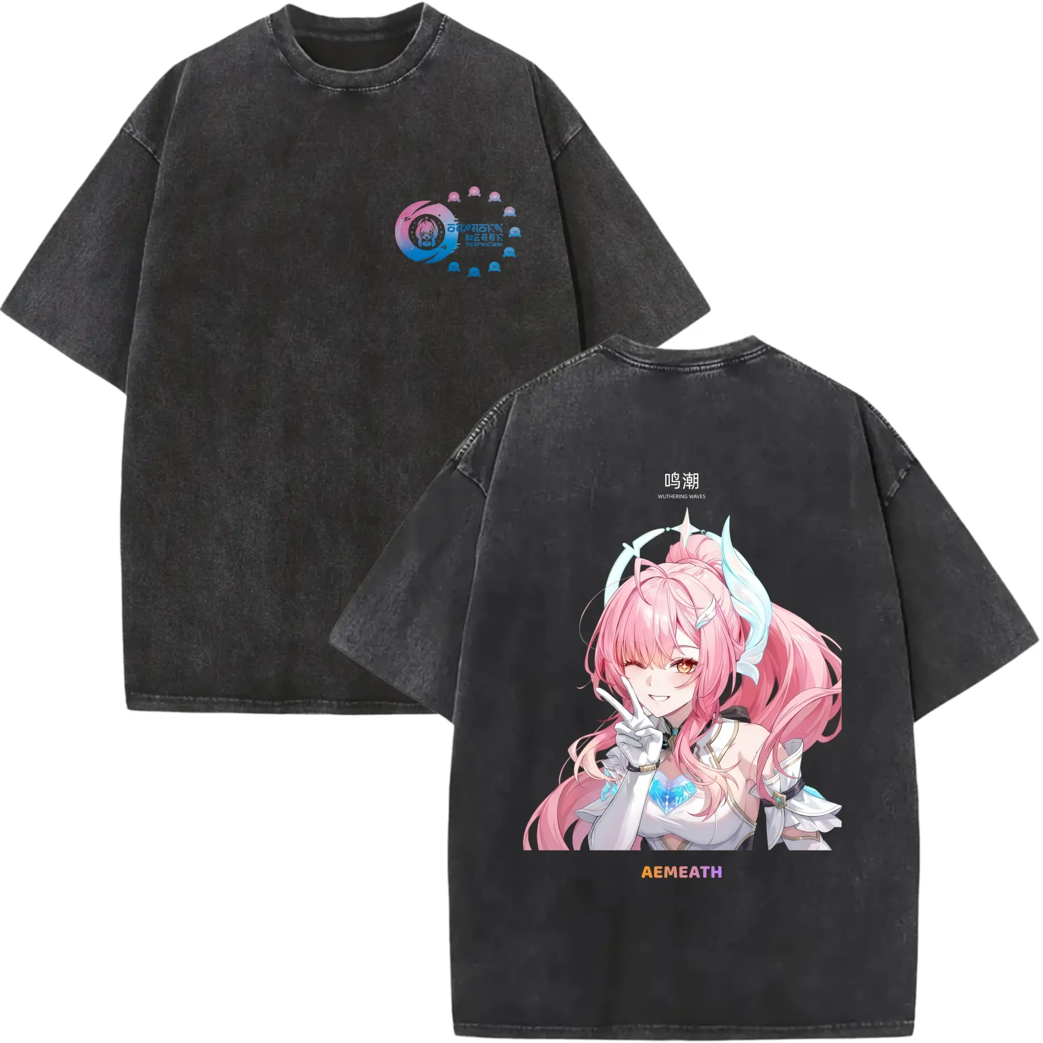 Women's Vintage Acid Wash Wuthering Waves Aemeath Graphic Tee - 100% Cotton, Unisex, Relaxed Fit, Short Sleeve, Breathable, Casual, Retro, Oversized Gamer Streetwear with Front & Back Print, S-3XL, Shortsleeve