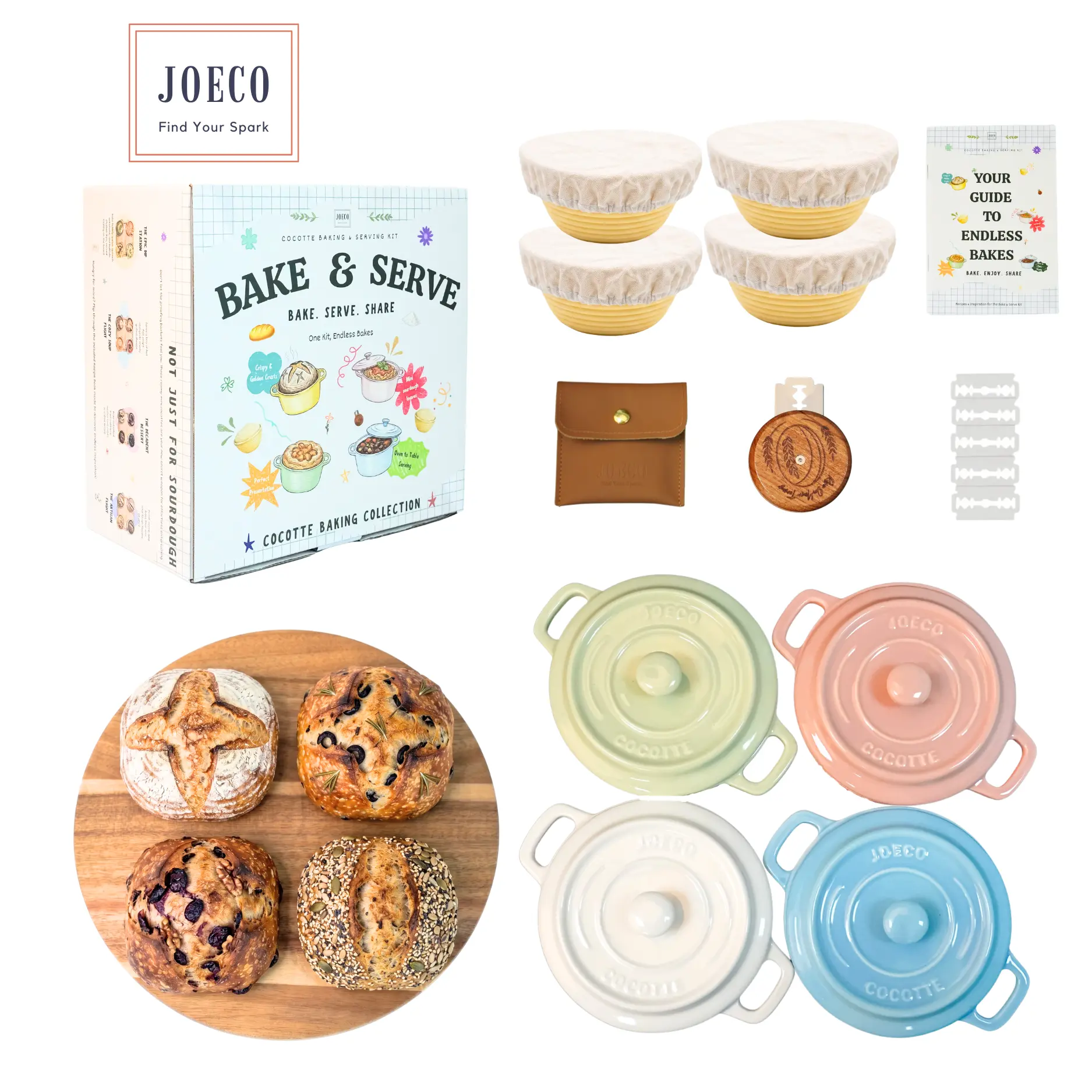 Mini Loaf Baking & Serving Set with 4 Ceramic Dutch Ovens, Wooden Serving Tray & UFO Bread Lame | Artisan Bread Baking Kit for Mini Loaves, Soup Bowls & Cozy Gatherings