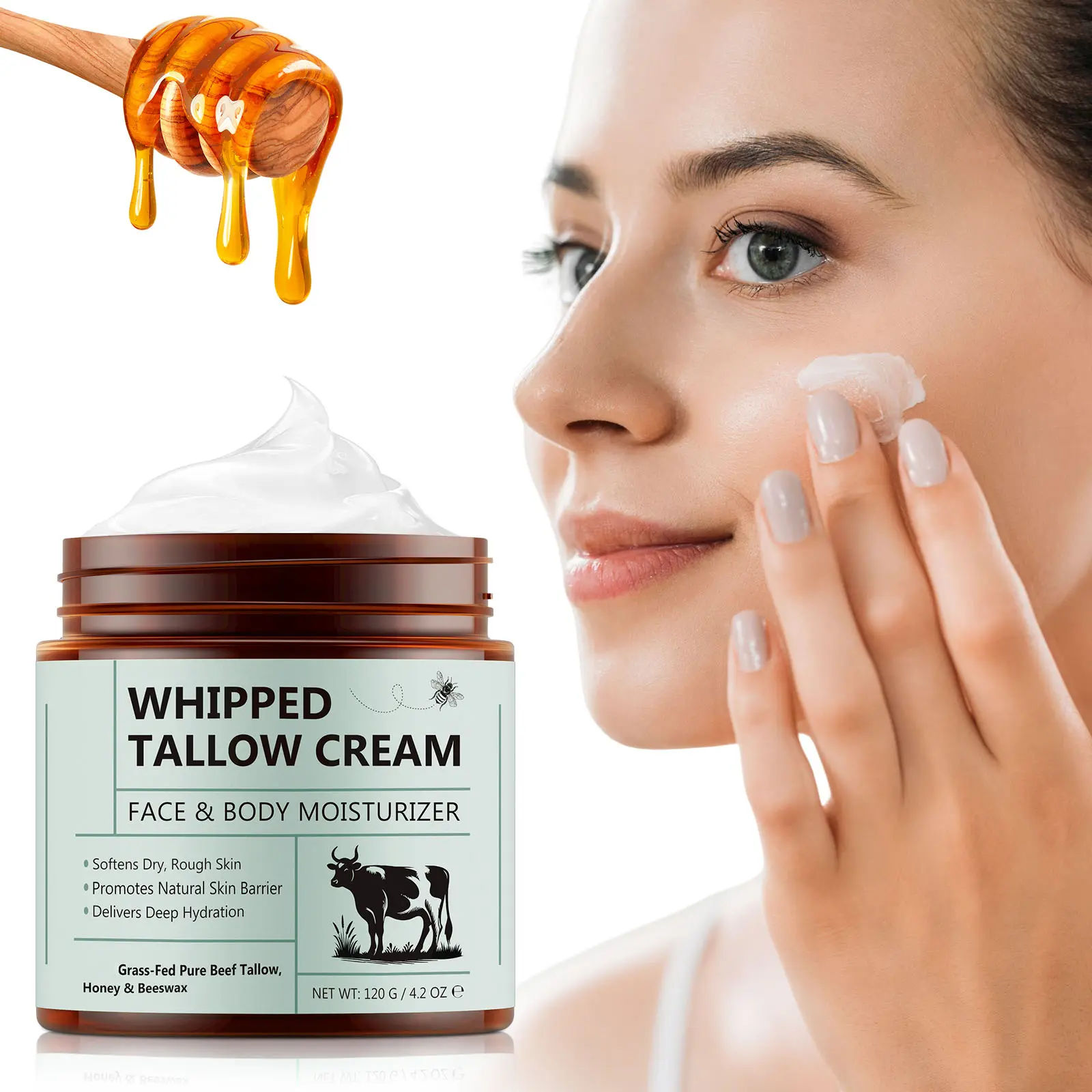 Yecuce Handcrafted Grass-Fed Tallow Whipped Cream Honey Balm - Naturally Derived Beef Tallow Beeswax Body Lotion, Intensive Moisturizer for Face & Body, Skin Repair, Chemical-Free, All Skin Types, 3-Year Longevity, Body Care