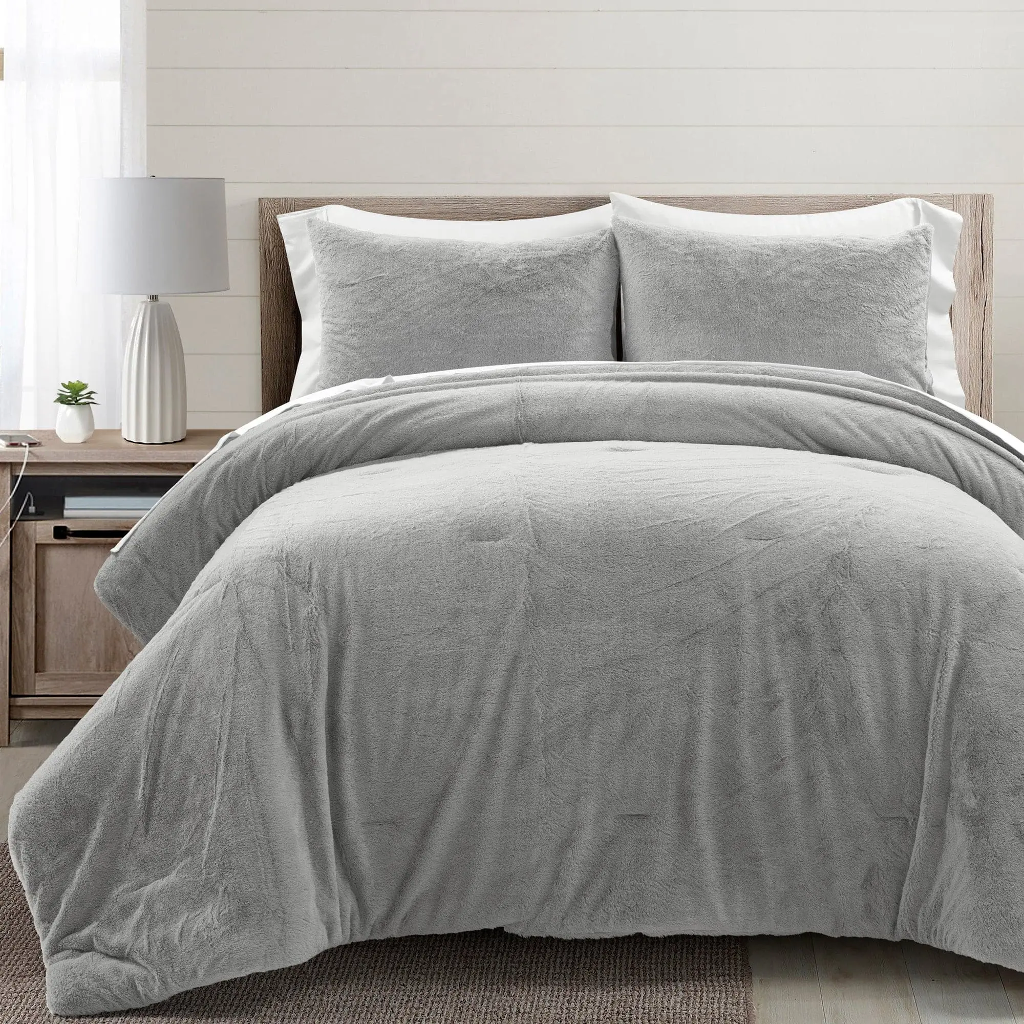 Lush Decor Modern Solid Ultra Soft Faux Fur Comforter Bed In A Bag - 5 Or 7 Piece Set with Microfiber Reverse, Cozy Aesthetic