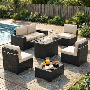 LayinSun 7 Pieces Outdoor Patio Furniture Set with 44" Fire Pit Table Rattan Sectional Sofa Conversation Sets