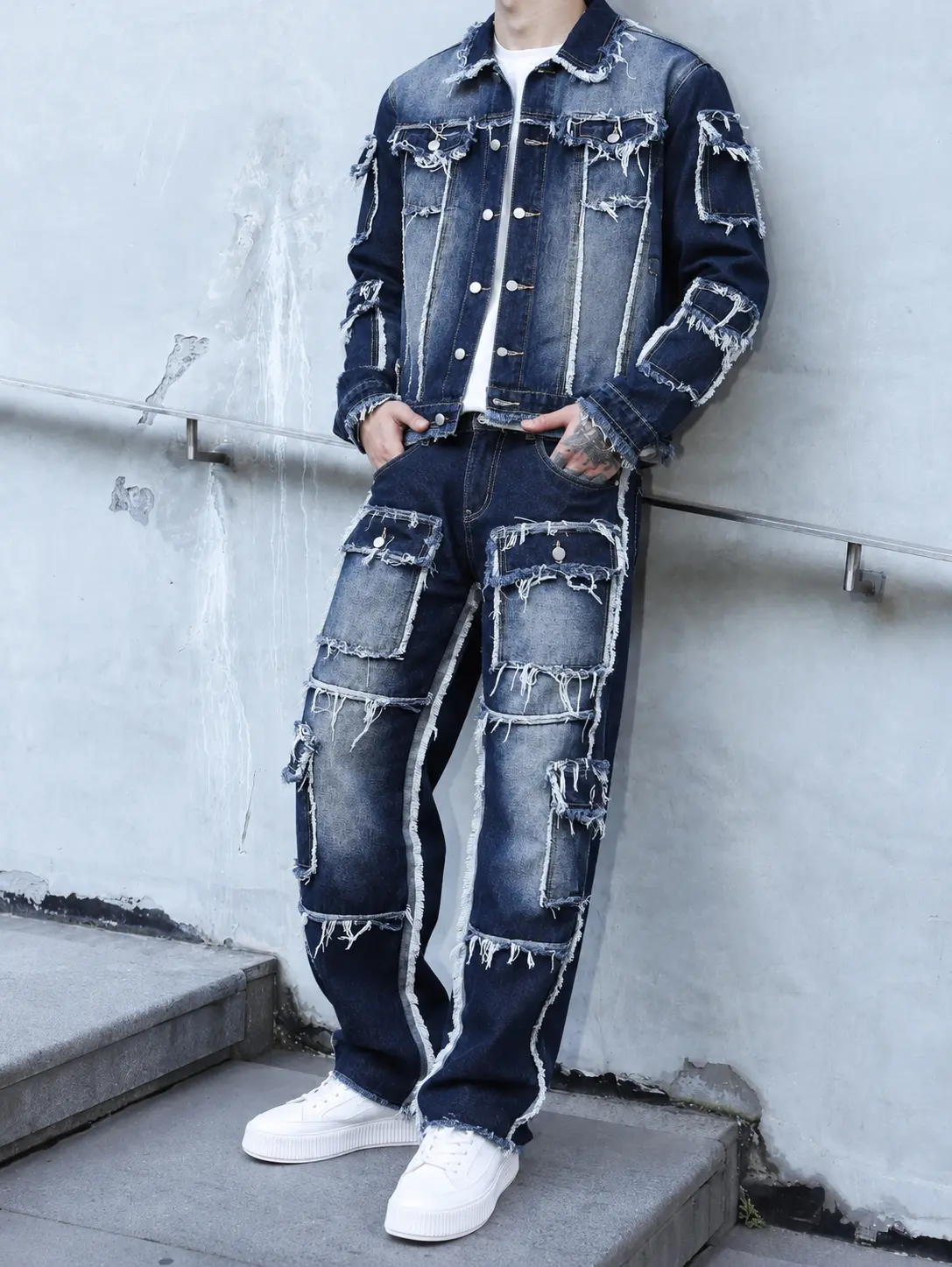 Men's 2-Piece Y2K Distressed Denim Set - Menswear Buckle Denim Jacket & Cargo Jeans, Vintage Washed Frayed Patchwork All-Season Clothes, Urban Streetwear Fashion