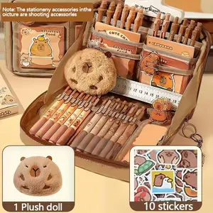 Cute Capybara Design Stationery Set, 1 Set Including Pencil Case & Pencil & Sticker, Multi-layer Storage Student Pen Box with Capybara Stickers for Back To School, Student Painting Supplies, Student Essentials