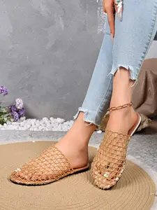 Multicolor Mesh Cutout Flat Mules, Boho Style Flip-Flops, PU Upper, Rubber Sole, Less Than Ankle Height, Solid Pattern, Comfortable Sandals, Breathable Mules