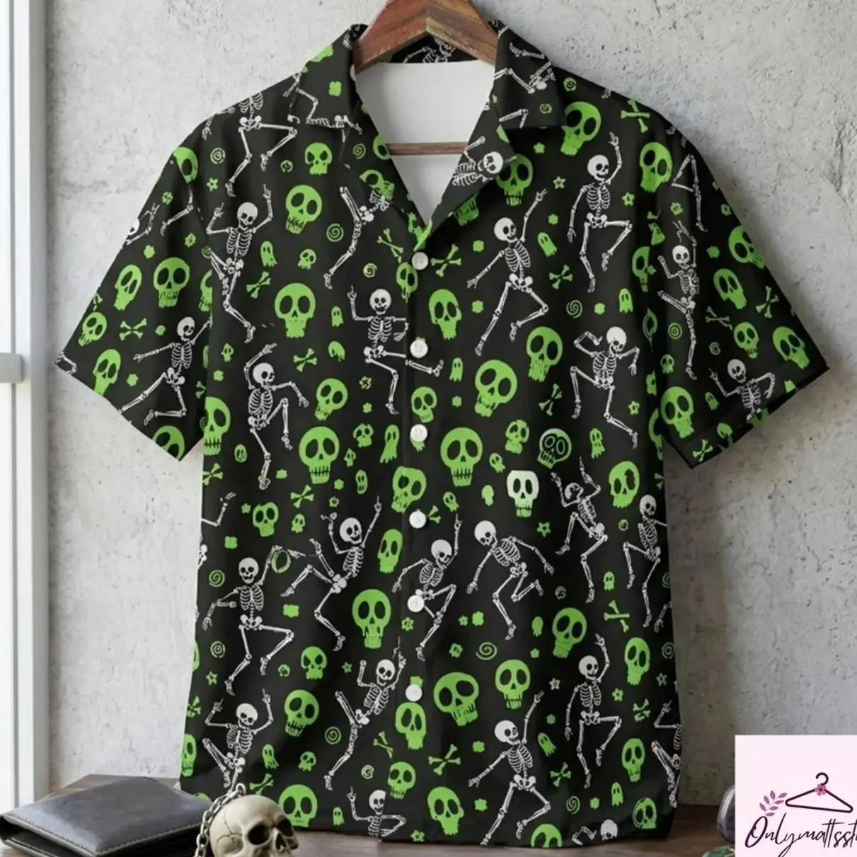 Dancing Skeleton Halloween Shirt, Neon Green Skull Hawaiian Button Down, Spooky Gothic Goth Men Top, Scary Ghost Party