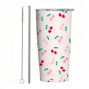 20oz Insulated Cherry Aesthetic Stainless Steel Car Tumbler, Cute Fruit Print Travel Mug with Straw & Brush, Coquette Girl Vibe Kitchenware Drinkware Vacuum Flask