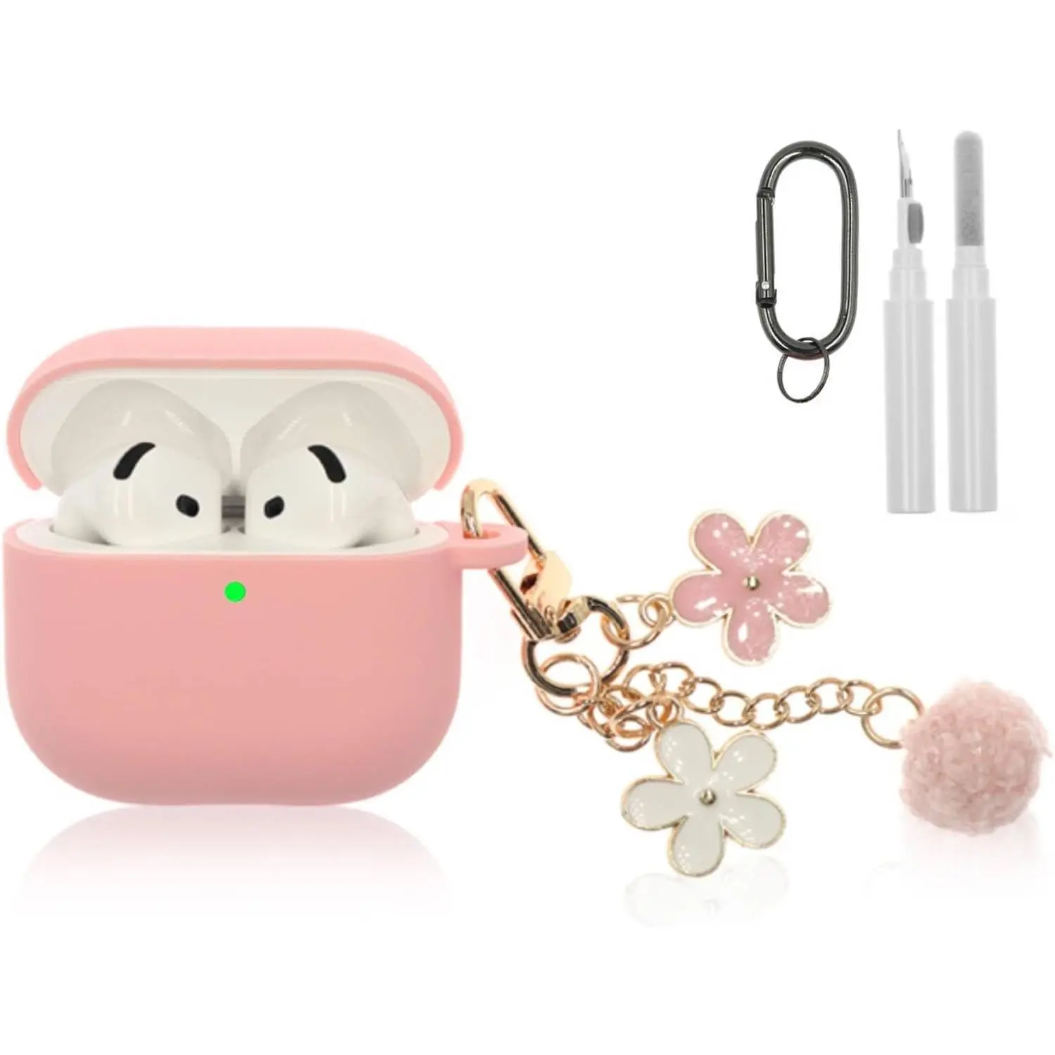 Compatible with AirPods 4 Case , Premium Soft Silicone Protective Case Cover for Apple AirPods 4th Generation with Cleaner Kit, Carabiner and Keychain Accessories for Women Girls (Pink)