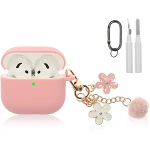 Compatible with AirPods 4 Case , Premium Soft Silicone Protective Case Cover for Apple AirPods 4th Generation with Cleaner Kit, Carabiner and Keychain Accessories for Women Girls (Pink)