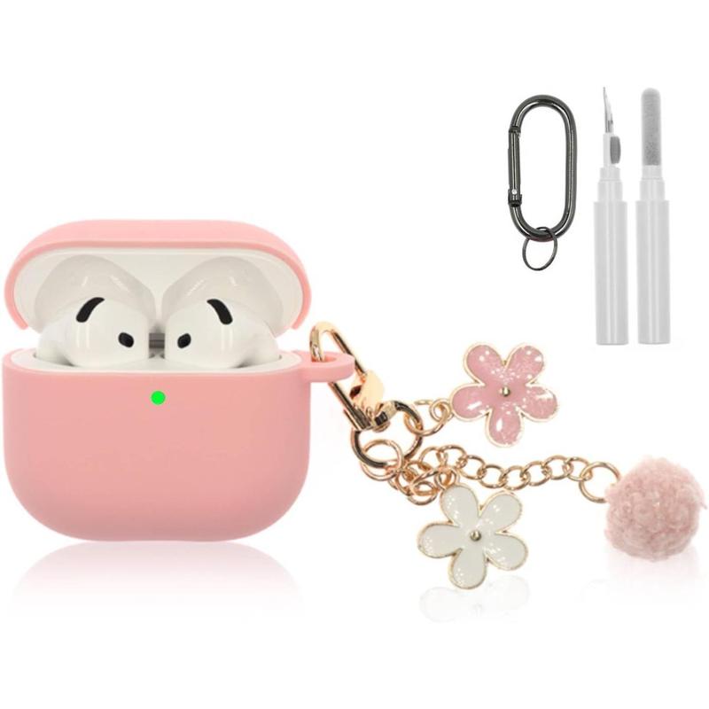 Compatible with AirPods 4 Case , Premium Soft Silicone Protective Case Cover for Apple AirPods 4th Generation with Cleaner Kit, Carabiner and Keychain Accessories for Women Girls (Pink)