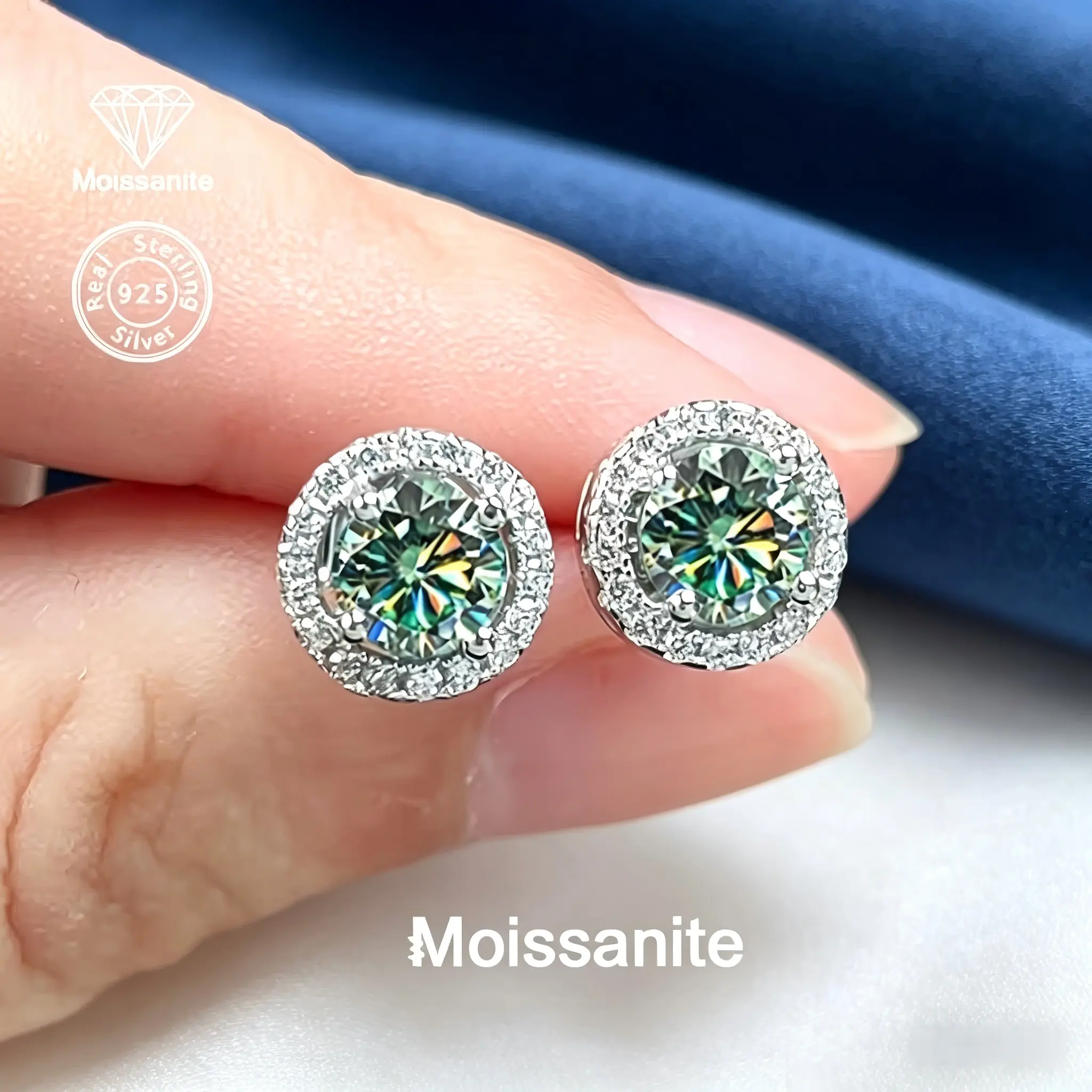 Women's 925 Real Silver 1ct Blue Green Round Moissanite Stud Earrings - Classic and Minimalist Versatile Jewelry Gifts for Birthday, Daily Wear, Wedding, 925 Real Silver Earrings, Birthstone Gift Ideas, Anniversary, Adults, No