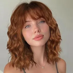 Auburn Wig with Bangs Short Bob Wigs With Dark Roots for Women Shoulder Length Ginger Wavy Curly Wigs Synthetic Fiber Wigs 14 Inches for Daily Party Use