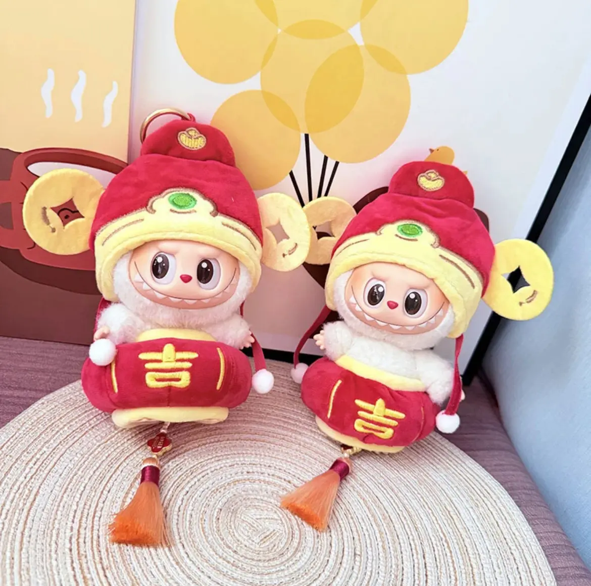 La-bubu Stuffed Animal Wealth God Outfit Set - 6.7in Doll Clothes with Hooded Costume, Matching Bag, Soft Fluffy Lunar New Year Accessory, TikTok Viral Collector Gift